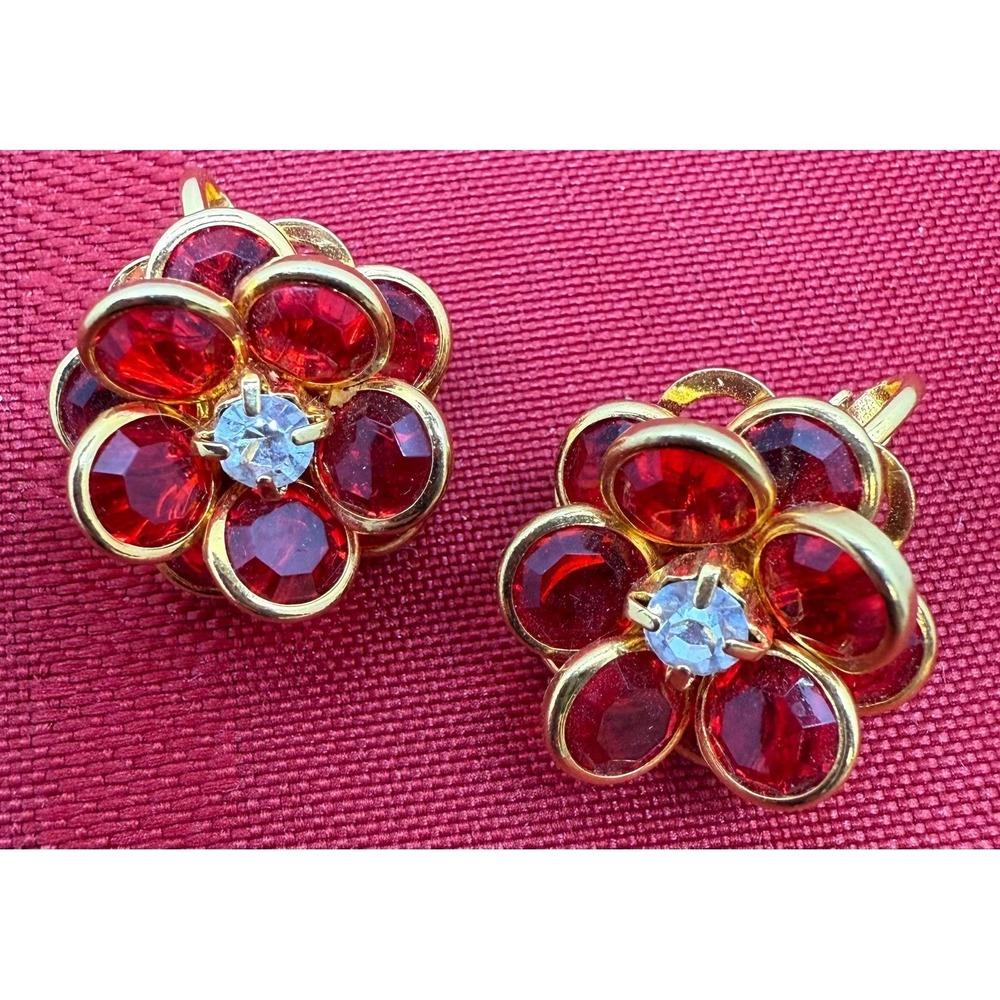 VTG Avon Clip-On Earrings Goldtone with Red & Clear Sparkle